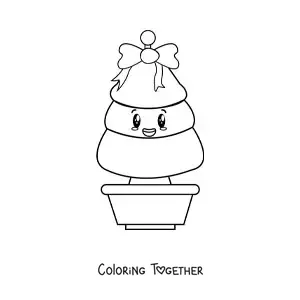 Coloring page of a kawaii Christmas tree with a bow in a pot