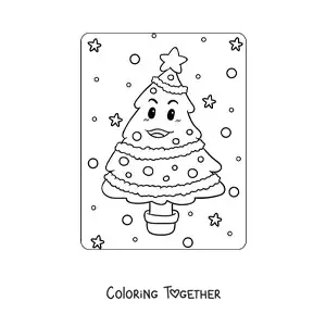 Coloring page of a cartoon Christmas tree in a pot