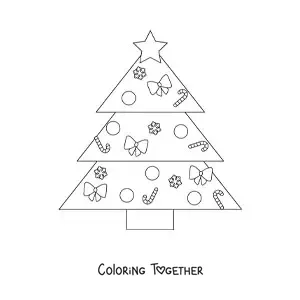 Coloring page of a triangle-shaped Christmas tree decorated with candy canes