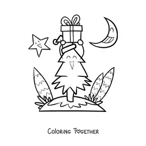 Coloring page of a cartoon Christmas tree with a present, with the moon and a star in the background