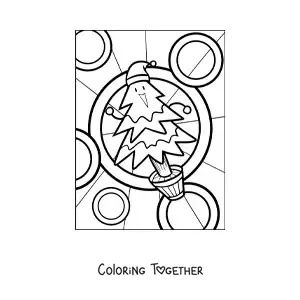 Coloring page of a smiling cartoon Christmas tree in a pot
