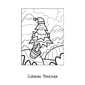 Coloring page of a cartoon caricature of a Christmas tree in a pot