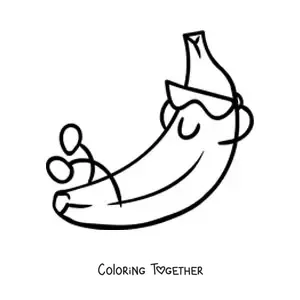 Coloring page of a cartoon banana relaxing with sunglasses