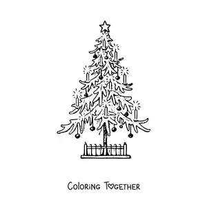 Coloring page of a realistic decorated Christmas tree