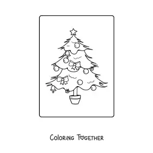 Coloring page of a Christmas tree with bows in a pot