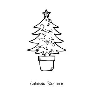 Coloring page of a Christmas tree with ornaments in a pot