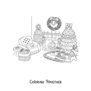 Coloring page of a Christmas tree in a decorated living room with presents and toys underneath