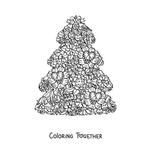 Coloring page of a little Christmas tree with flowers and hearts