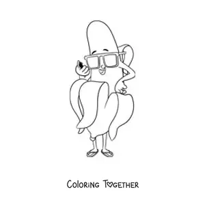 Coloring page of a cartoon banana with sunglasses