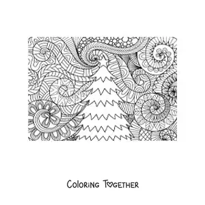Coloring page of a little Christmas tree with a zentangle style background