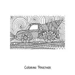 Coloring page of a little Christmas tree on a truck in zentangle style