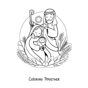 Coloring page of a pretty Christmas nativity scene