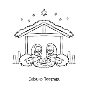 Coloring page of a Christmas nativity scene with sheep