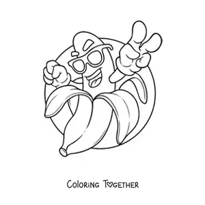 Coloring page of a cartoon banana waving with sunglasses