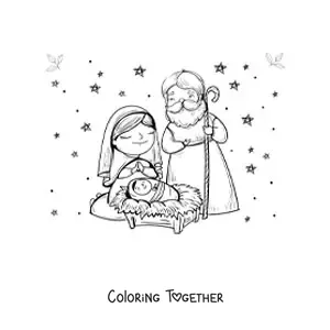 Coloring page of a kawaii nativity scene