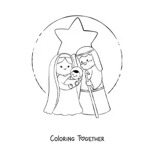 Coloring page of a kawaii Christmas nativity scene
