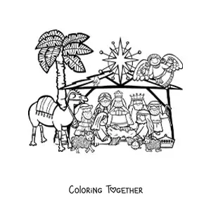 Coloring page of a Christmas manger with a camel, sheep, the Three Wise Men, and the angel Gabriel