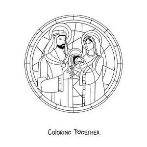Coloring page of a stained glass window with a Christmas nativity scene
