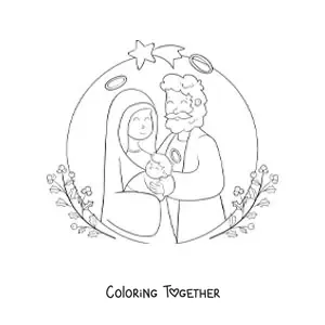Coloring page of a kawaii nativity scene