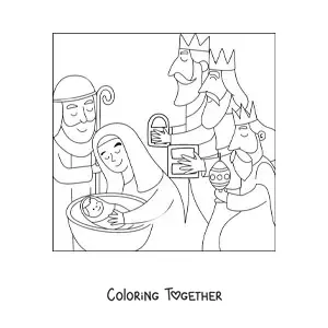 Coloring page of a nativity scene with the Three Wise Men
