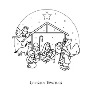 Coloring page of a Christmas nativity scene with a camel, sheep, the Three Wise Men, and the angel Gabriel