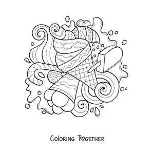 Coloring page of several ice creams and candies
