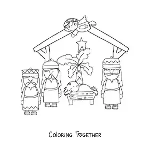 Coloring page of the Three Wise Men and the angel Gabriel with the baby Jesus in the manger