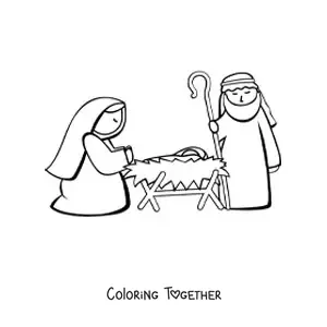 Coloring page of Mary with Joseph and the baby Jesus