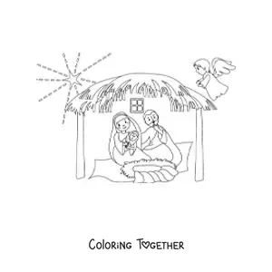 Coloring page of Mary with Joseph and Jesus in the manger