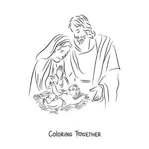 Coloring page of Mary with Joseph and the baby Jesus