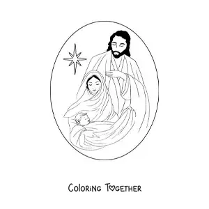 Coloring page of Mary with Joseph and Jesus and the star of a Bethlehem scene