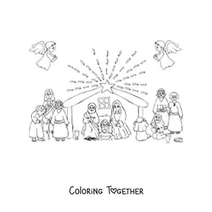 Coloring page of an animated nativity scene with shepherds and angels