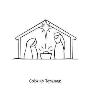 Coloring page of a simple nativity scene