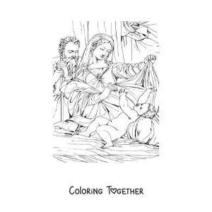 Coloring page of a realistic nativity scene