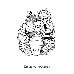 Coloring page of several kawaii cartoon ice creams
