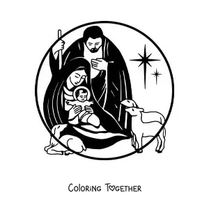 Coloring page of Mary, Joseph, and Jesus with animals