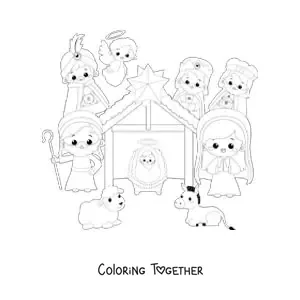 Coloring page of a kawaii Christmas nativity scene with a sheep, mule, the Three Wise Men, and the angel Gabriel