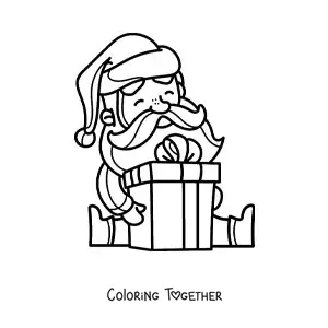 Coloring page of a kawaii Santa Claus sitting with a gift