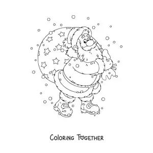 Coloring page of an animated Santa Claus with gifts