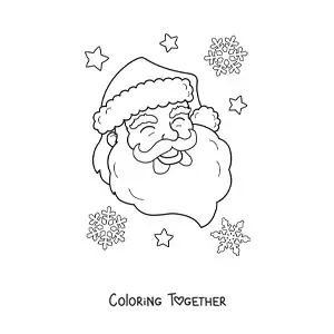 Coloring page of Santa Claus's face with eyes closed and snowflakes in the background