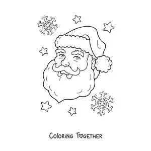 Coloring page of a smiling Santa Claus face with snowflakes in the background