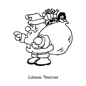 Coloring page of a cartoon Santa Claus with gifts