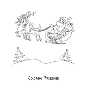 Coloring page of Santa Claus flying in his sleigh with reindeer
