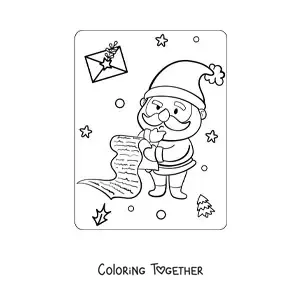 Coloring page of a kawaii Santa Claus checking the list of good children
