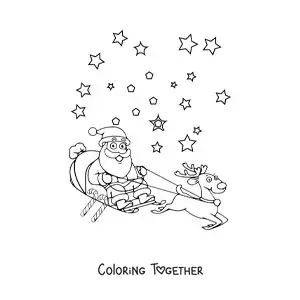 Coloring page of an animated Santa Claus in a sleigh with a reindeer