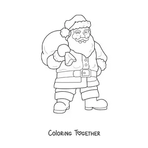 Coloring page of a realistic Santa Claus with gifts