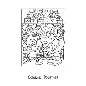 Coloring page of Santa Claus with an elf and toys