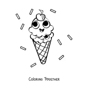 Coloring page of a smiling cartoon ice cream cone