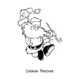 Coloring page of Santa Claus holding his hat and a cane while jumping
