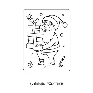 Coloring page of Santa Claus with a pile of gifts